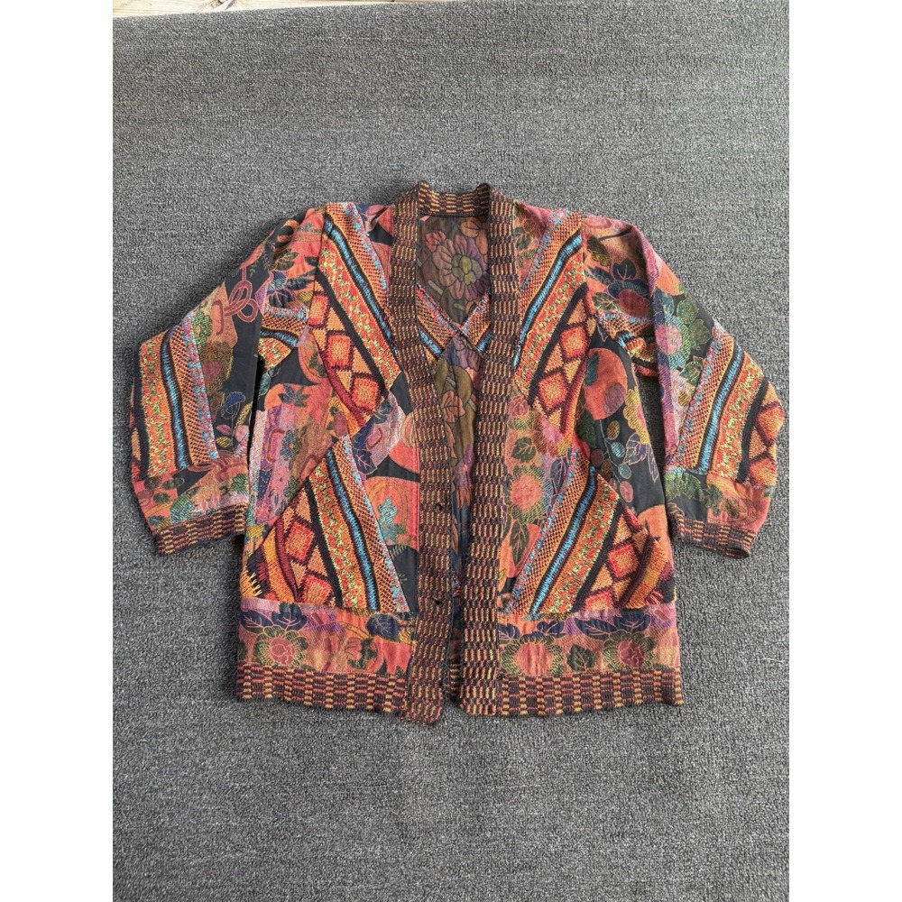 Vintage Art To Wear Knit Cardigan Multicolor Floral Tapestry Mixed Knit Boho